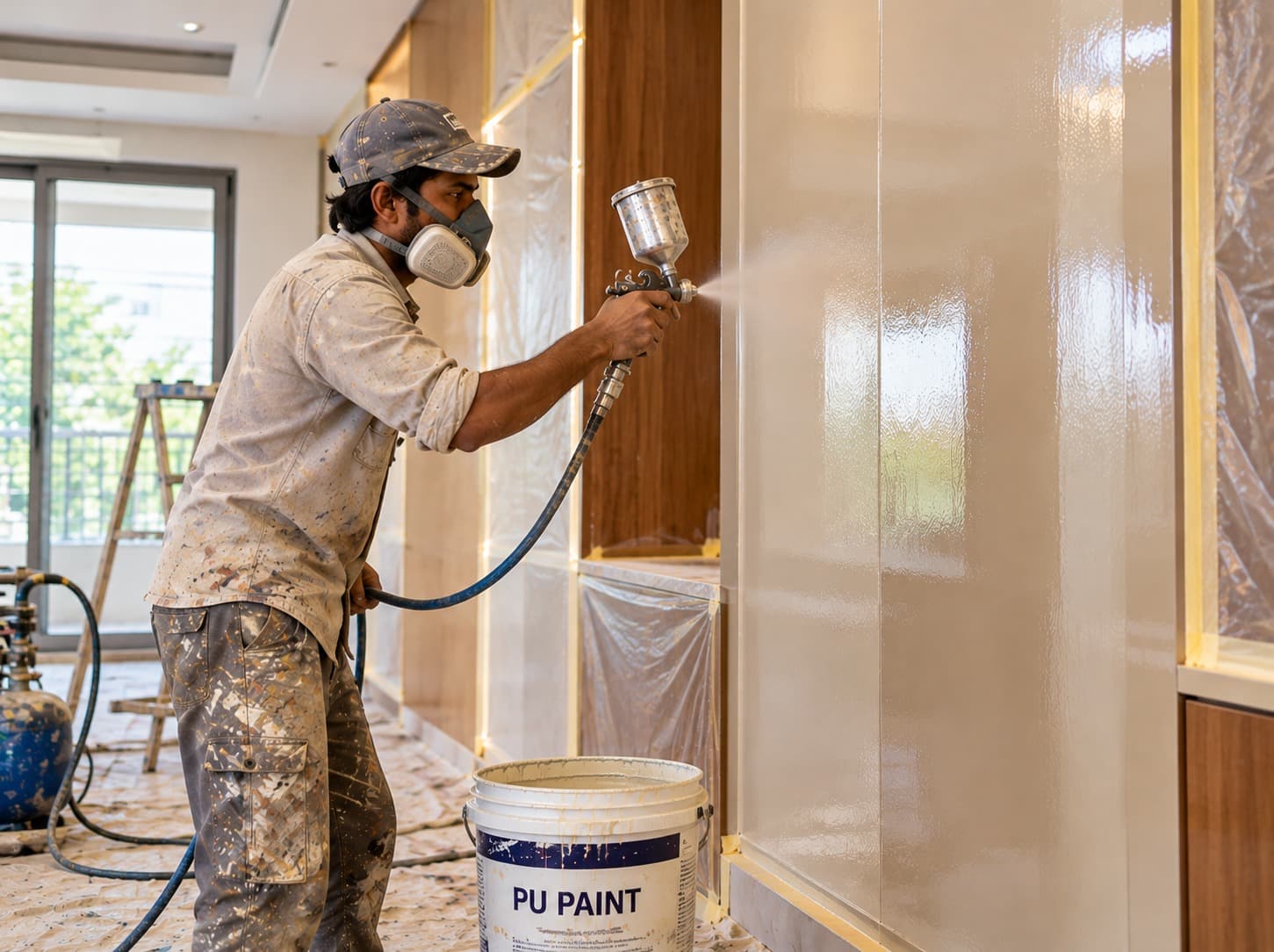 Smiling painter applying vibrant colors to artistic wall