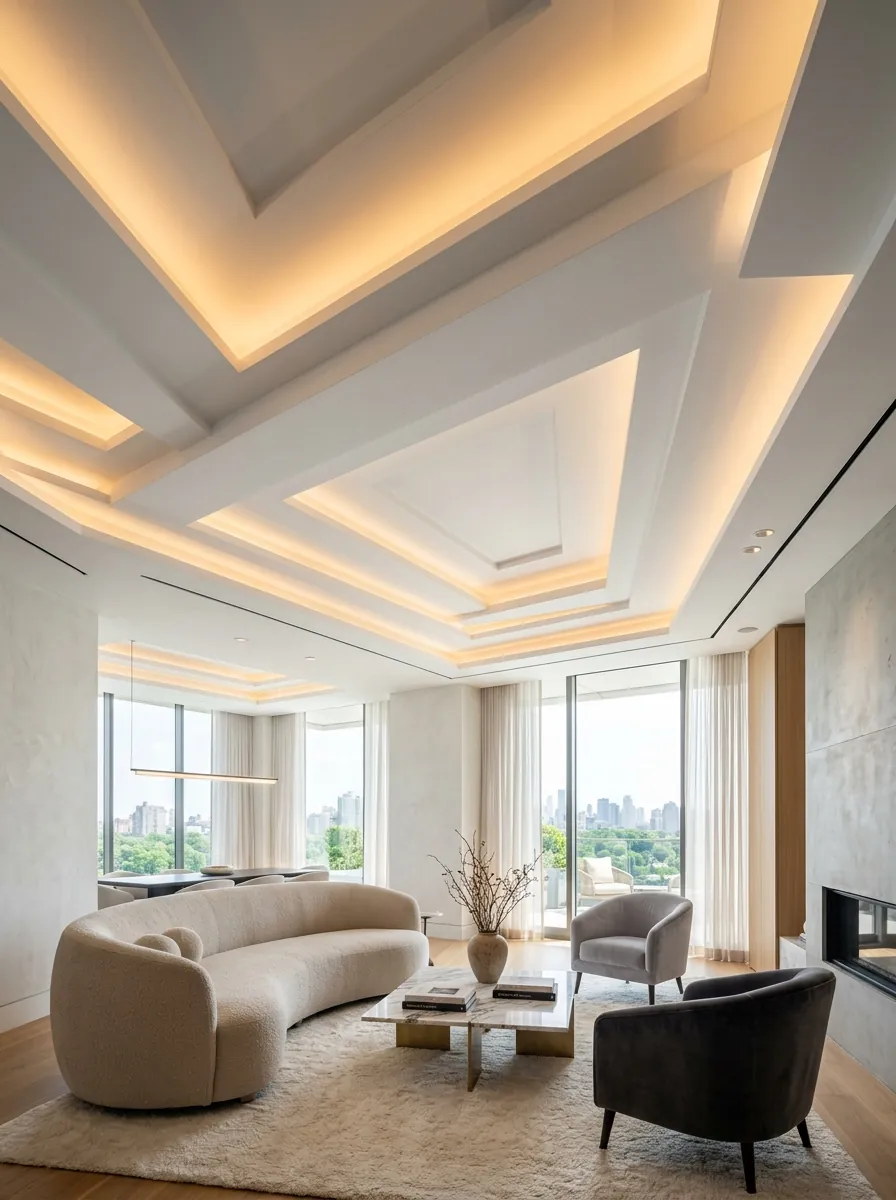 Modern architectural POP gypsum false ceiling with hidden LED cove lighting